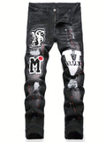 kkboxly  Patch Splatter Ripped Jeans, Men's Casual Street Style Distressed Slim Fit High Stretch Denim Pants For Spring Summer