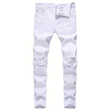 White Straight Leg Ripped Jeans, Men's Casual Street Style Distressed Mid Stretch Denim Pants For Spring Summer