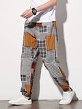 kkboxly  Patchwork Pattern, Men's Drawstring Sweatpants, Pocket Casual Comfy Jogger Pants, Mens Clothing For Spring Autumn