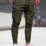 kkboxly  Solid Multi Flap Pockets Men's Drawstring Cargo Pants, Slim Fit Elastic Casual Outdoor Pants, Men's Work Pants