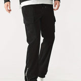 kkboxly  Zipper Design, Men's Corduroy Cargo Pants With Flap Pockets, Comfy Trendy Trousers