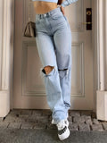 kkboxly  Blue Ripped Holes Straight Jeans, Loose Fit Slant Pockets Non-Stretch Casual Denim Pants, Women's Denim Jeans & Clothing