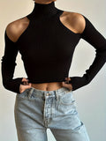 kkboxly Cold Shoulder Mock Neck Knitted Sweater, Casual Solid Long Sleeve Sweater, Women's Clothing