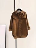 kkboxly  Solid Button Front Corduroy Shirt, Versatile Long Sleeve Loose Shirt For Spring & Fall, Women's Clothing