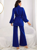 kkboxly  Solid Casual Two-piece Set, Turtle Neck Lantern Sleeve Belted Blouse & Flare Leg Pants Outfits, Women's Clothing