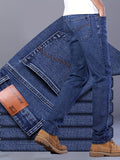 kkboxly  Warm Fleece Straight Leg Jeans For Business, Men's Semi-formal Denim Pants For Fall Winter