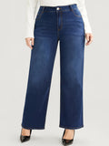 kkboxly  Plus Size Basic Jeans, Women's Plus Solid Button Fly High Rise Medium Stretch Wide Leg Jeans