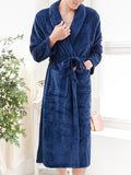 kkboxly Men's Comfy Solid Fleece Robe Home Pajamas Wear With Pocket One-piece Lace Up Kimono Night-robe Warm Sets After Bath