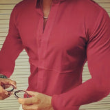 kkboxly  Trendy Men's Casual Solid Long Sleeve Shirt With Mandarin Collar Design, Men's Shirt For Summer, Tops For Men, Gift For Men