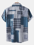 kkboxly  Men's Check Panel Contrast Color Casual Linen Short Sleeve Shirt Best Sellers