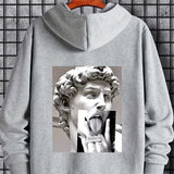 kkboxly  Creative Sculpture Pattern Zip Up Hoodie, Men's Casual Stretch Pullover Hooded Sweatshirt