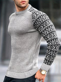 kkboxly  Waffle Trendy Patchwork Sweatshirt, Men's Casual Ethnic Pattern Sleeves Crew Neck Sweatshirt For Men Fall Winter