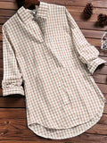 kkboxly  Plus Size Casual Blouse, Women's Plus Gingham Print Turn Down Collar Long Sleeve Shirt