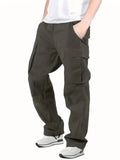 kkboxly  Trendy Solid Cotton Cargo Pants, Men's Multi Flap Pocket Trousers, Loose Casual Outdoor Pants, Men's Work Pants Outdoors streetwear hip hop style