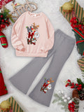 Girls' Christmas Reindeer Santa Snowman Print 2-Piece Set, Casual Polyester Knit Sweatshirt and Flared Pants, Cartoon Patchwork, Regular Fit, Stretch Fabric, Holiday Outfit for Kids, For Outdoor