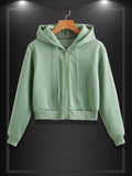 kkboxly  Solid Color Drawstring Crop Hoodie, Casual Zip Up Long Sleeve Hooded Sweatshirt