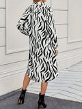 kkboxly  Zebra Print Dipped Hem Dress, Casual Button Front Long Sleeve Dress, Women's Clothing