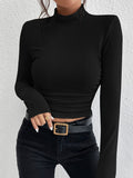 kkboxly  Solid Mock Neck T-shirt, Elegant Long Sleeve Slim Top For Spring & Fall, Women's Clothing