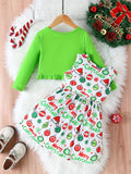 Girls' 2pcs Christmas Outfit Set: Cozy Knit Ruffle Heart Long Sleeve Cardigan & Festive Balloon Print Dress - Machine Washable, Perfect for Outdoor