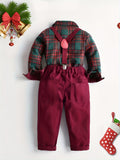 Boy's Christmas Style Gentleman Outfit, Plaid Pattern Bowtie Shirt & Vest & Overalls Set, Formal Wear For Speech Performance Birthday Party, Kid's Clothes For Spring Fall Winter Outdoor Clothes