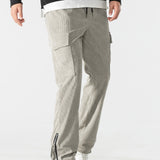 kkboxly  Zipper Design, Men's Corduroy Cargo Pants With Flap Pockets, Comfy Trendy Trousers