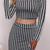 kkboxly  Elegant Plaid Matching Two-piece Set, Off Shoulder Crop Top & Bodycon Skirt Outfits, Women's Clothing