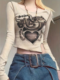 kkboxly  Heart & Letter Print Notch Hem T-Shirt, Y2K Long Sleeve Top For Spring & Fall, Women's Clothing