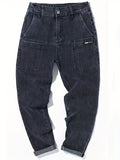 kkboxly  Multi Pocket Loose Fit Harem Pants, Men's Casual Chic Medium Stretch Denim Pants For All Seasons