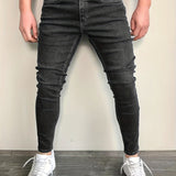 kkboxly  Slim Fit Cotton Jeans, Men's Casual Street Style Solid Color Classic Design Mid Stretch Denim Pants For Spring Summer