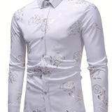 Men's Formal Classic Design Button Up Flower Printed Shirt With Chest Pocket, Male Clothes For Spring And Fall Business Occasion