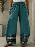 Ethnic Geo Print High Waist Pants, Casual Wide Leg Pants For Vacation, Women's Clothing