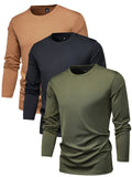 kkboxly 3Pcs Men's Crew Neck Long Sleeve Active T-shirt Tee, Casual Comfy Shirts For Spring Summer Autumn, Men's Clothing Tops