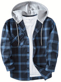 kkboxly  Drawstring Hooded Flannel Shirt, Men's Casual Various Colors Plaid Button Up Shirt For Spring Summer