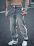 kkboxly Men's Casual Loose Fit Distressed Jeans, Chic Wide Leg Classic Design Jeans