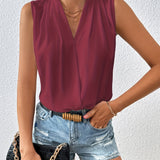 kkboxly   Wrap Pleated Tank Blouse, Casual V Neck Sleeveless Blouse For Spring & Summer, Women's Clothing