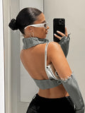 kkboxly  Backless Turtle Neck Top, Sexy Raw Trim Hanky Hem Crop Knit Top With Arm Sleeve, Women's Clothing