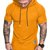 kkboxly  Plus Size Men's Basic Short Sleeve Hooded T-shirt, Summer Comfy Tops With Drawstring