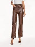 PU Leather Solid Pants, Elegant High Waist Comfy Pants For All Season, Women's Clothing