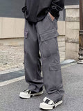 kkboxly Men's Multi Pocket Casual Pants, Chic Waist Drawstring Cargo Pants For Outdoor Activities