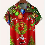 kkboxly  Christmas Santa & Elk Cartoon Pattern Men's Short Sleeve Button-down Shirt With Chest Pocket, Gift For Men