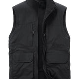 kkboxly Multi Pockets Reversible Cargo Vest, Men's Casual Outwear Stand Collar Zip Up Vest For Outdoor Fishing Photography