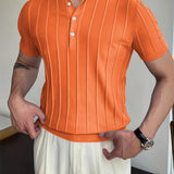 Vertical Striped Chic Shirt, Men's Casual Solid Color High Stretch V-Neck Pullover Sweater For Summer