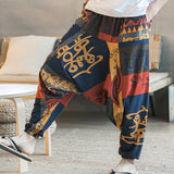 kkboxly  Ethnic Pattern Vintage Cotton Harem Pants, Men's Casual Drop Crotch Jogging Harem Pants For Spring Summer