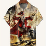 kkboxly  Christmas Santa & Elk Cartoon Pattern Men's Short Sleeve Button-down Shirt With Chest Pocket, Gift For Men