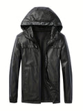 kkboxly  Men's Stylish Faux Leather Jacket With Pockets, Casual Breathable Zip Up Long Sleeve Hooded Jacket For Spring Fall Outdoor