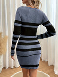 kkboxly  Striped Slim Sweater Dresses , Long Sleeve Crew Neck Mini Dress , Women's Clothings