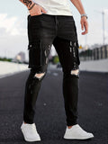 kkboxly Slim Fit Flap Pocket Ripped Jeans, Men's Casual Street Style Mid Stretch Denim Pants For Spring Summer