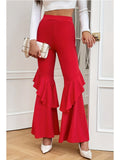 kkboxly  Solid Slim Flare Leg Pants, Elegant Ruffle Trim Pants For Spring & Fall, Women's Clothing