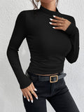 kkboxly  Solid Mock Neck T-shirt, Elegant Long Sleeve Slim Top For Spring & Fall, Women's Clothing