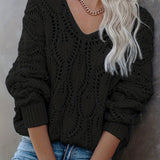 kkboxly  Cut Out V Neck Sweater, Casual Long Sleeve Sweater For Fall & Winter, Women's Clothing